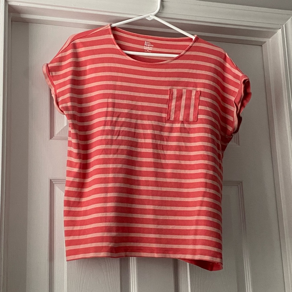 Kim Rogers Coral and Cream Striped Short Sleeve Tee